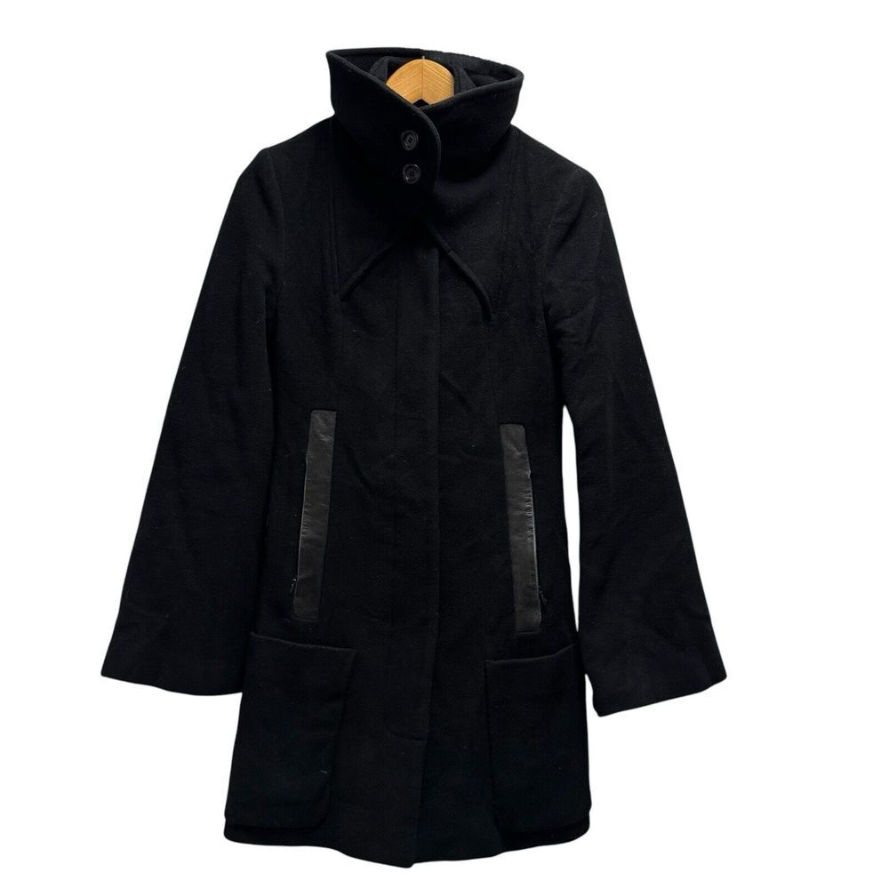 Mackage Women's XS Wool/Cashmere Belted Black High Neck Peacoat Leather Trim guc